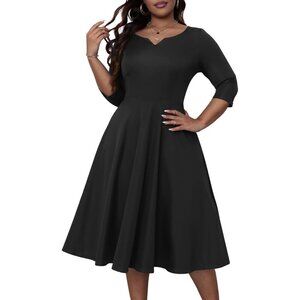 Plus Size Women's Fit Flare Midi Dress Elegant 3/4 Sleeve Casual Formal